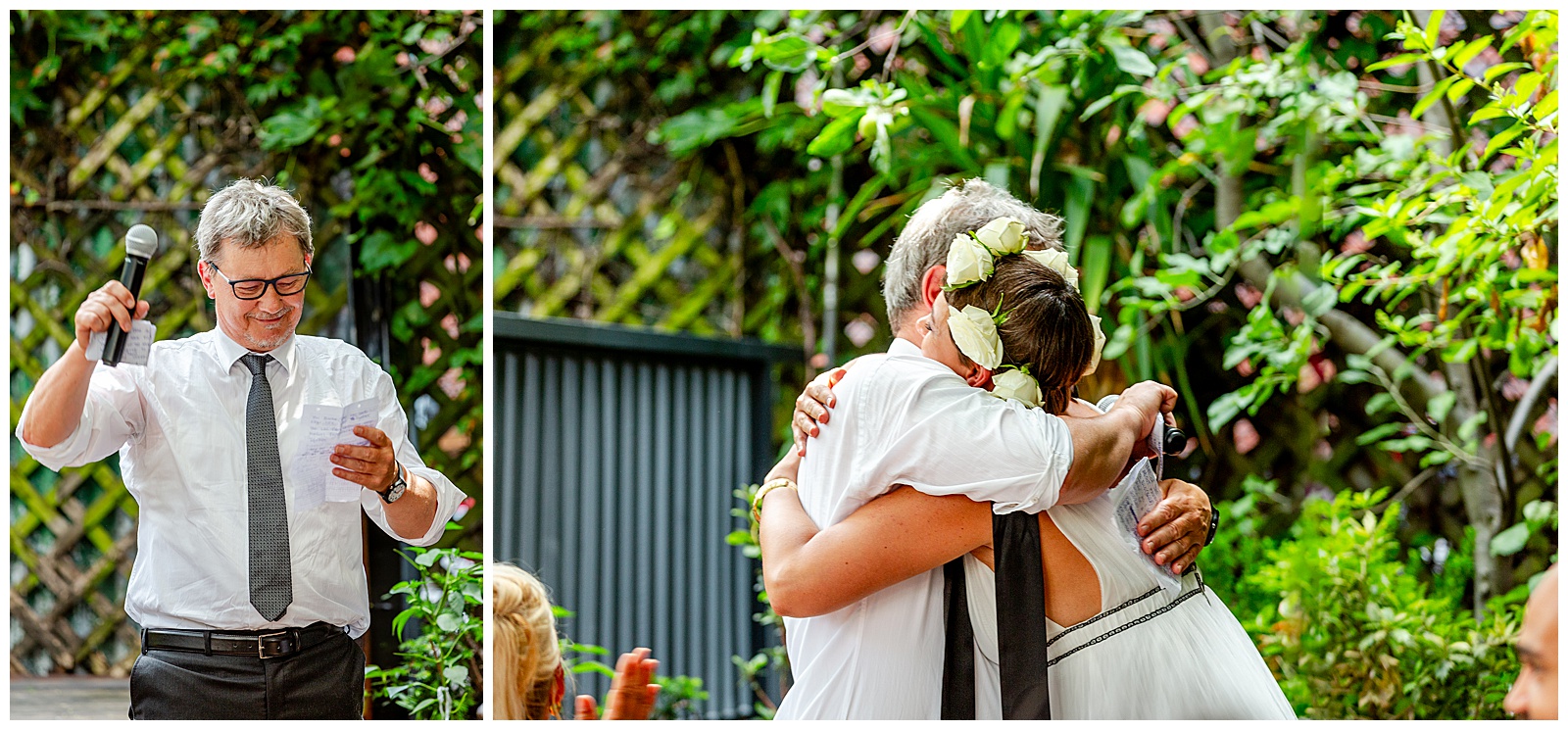 bride hugs dad giving toast at her wedding day reception in Brooklyn New York