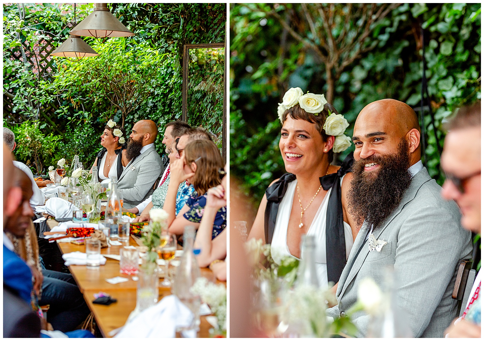 bride and groom smile during toasts creating a candid moment for their Brooklyn wedding reception