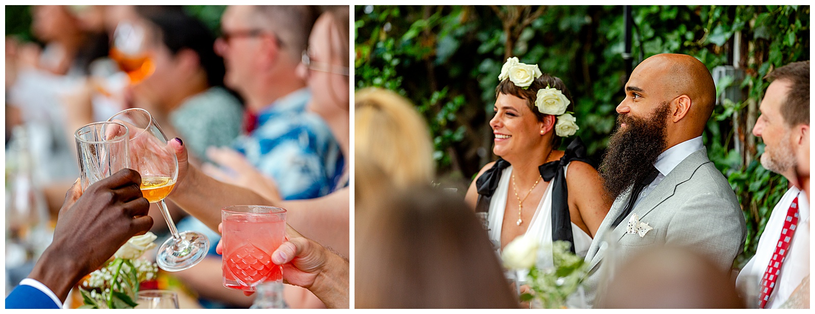 guests cheers and clinking glasses for toasts at brunch wedding reception in Brooklyn New York