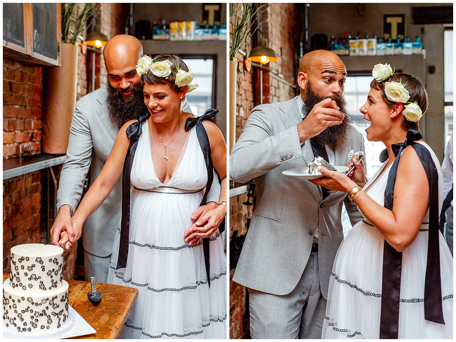 cake cutting with bride and groom at brunch wedding reception at aurora restaurant 