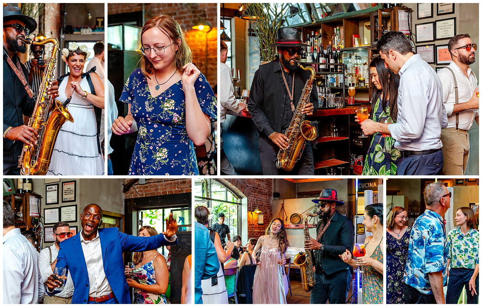 wedding guests dancing with saxophone player during brunch wedding reception in Williamsburg Brooklyn