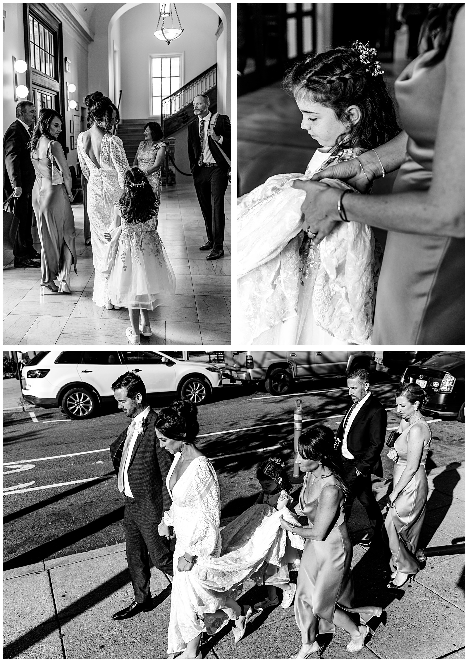 flower girl carrying brides dress on wedding day to reception venue