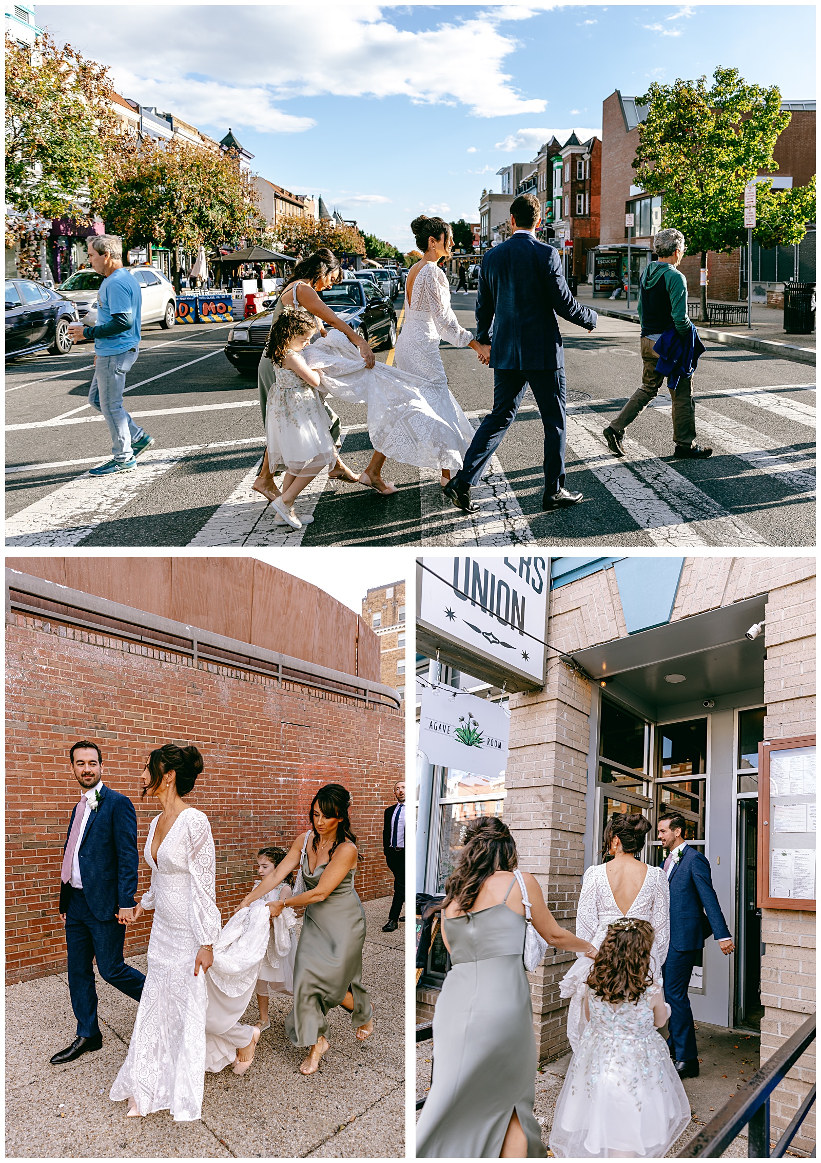 wedding party crossing crosswalk in washington dc adams morgan wedding