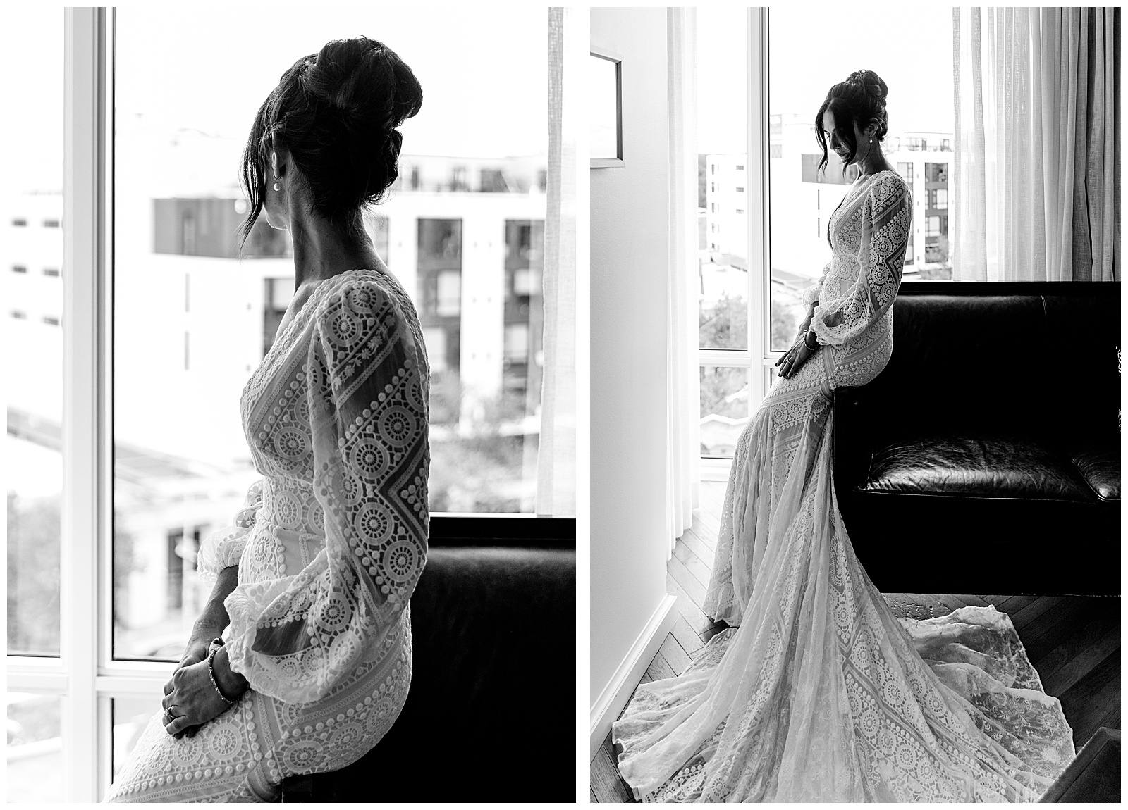 black and white portraits of bride at The Line Hotel getting ready