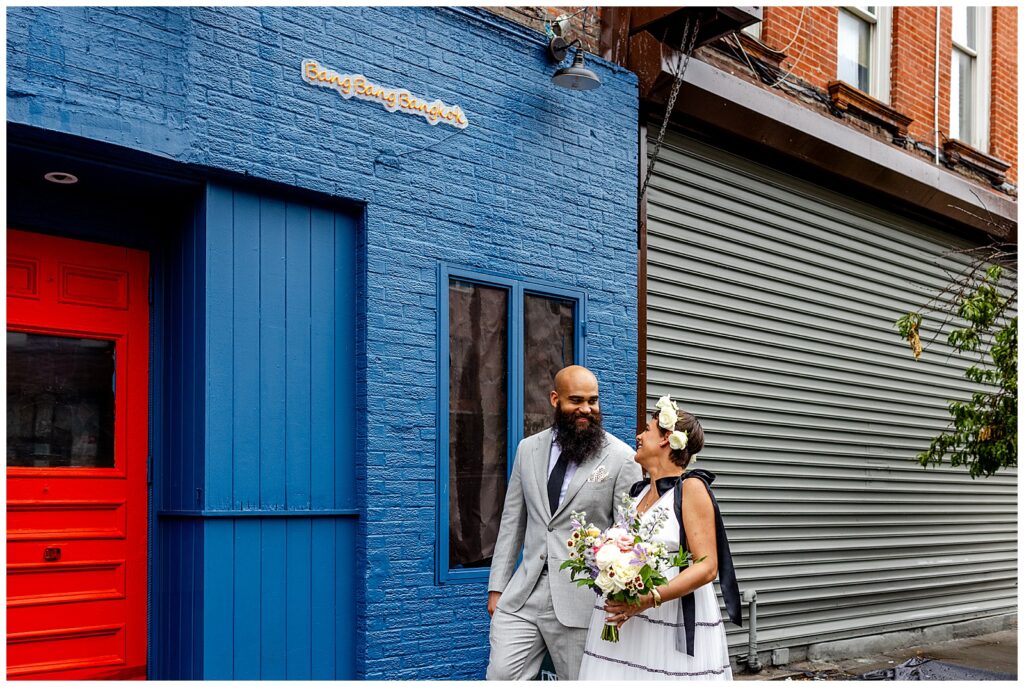 city wedding portrait with bride and groom