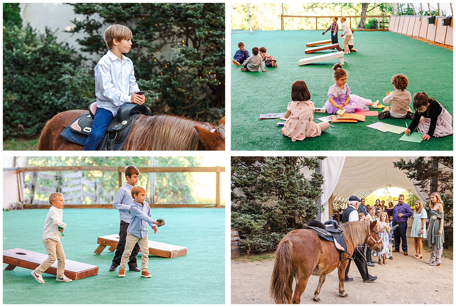 candids of kids riding a pony and playing corn hole during the wedding reception