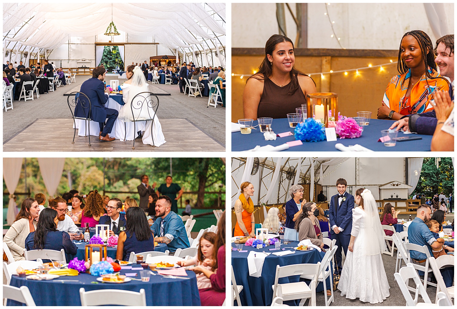 candids of guests mingling with married couple during wedding reception