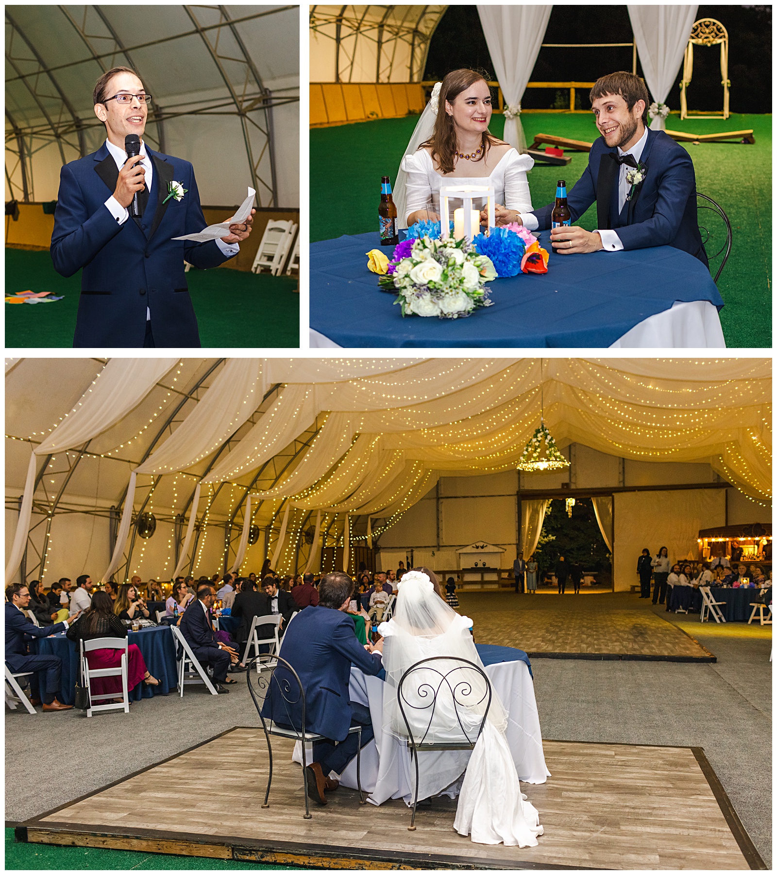 candids of toasts during wedding reception at farm venue at Romantic Autumn Wedding at Fairwinds