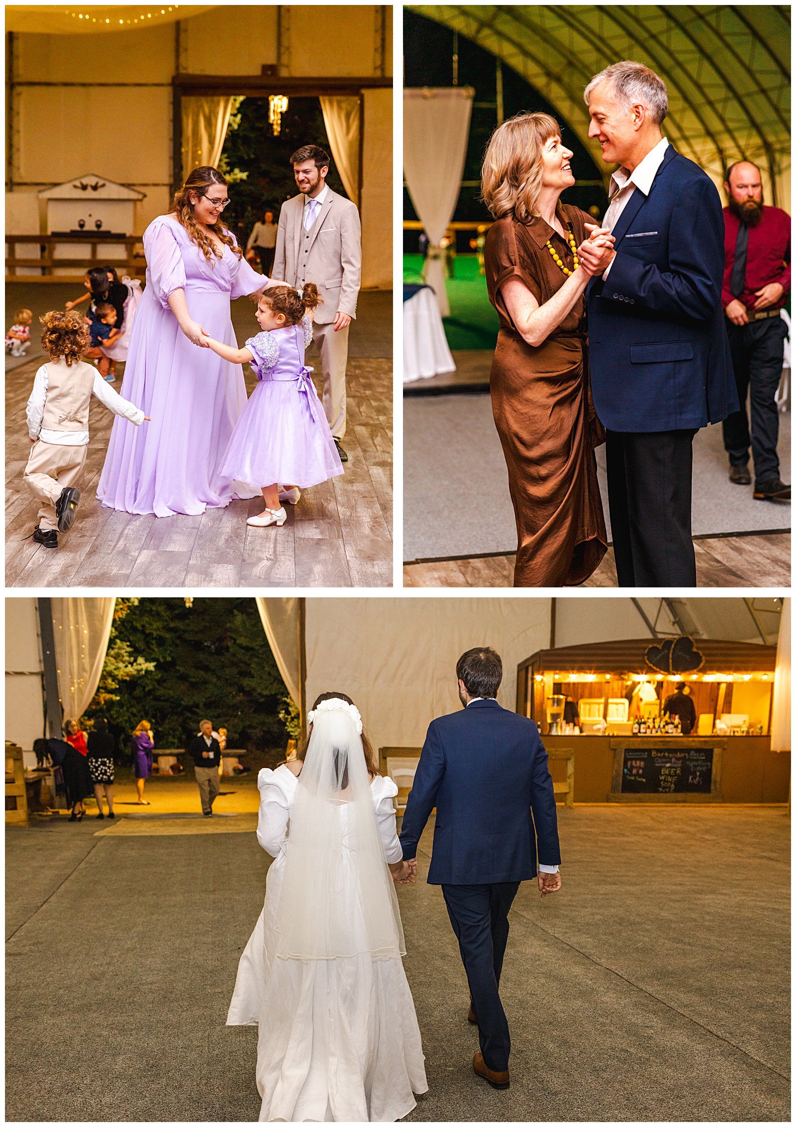 candids of guests dancing and couple walking out to see fireworks outside of reception venue at Romantic Autumn Wedding at Fairwinds