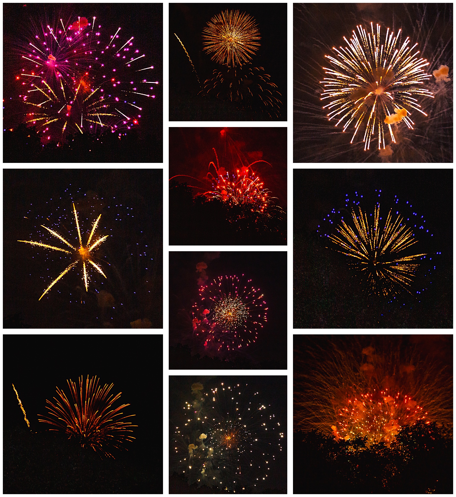 group of snapshots of fireworks from the wedding reception at a rustic venue near washington dc