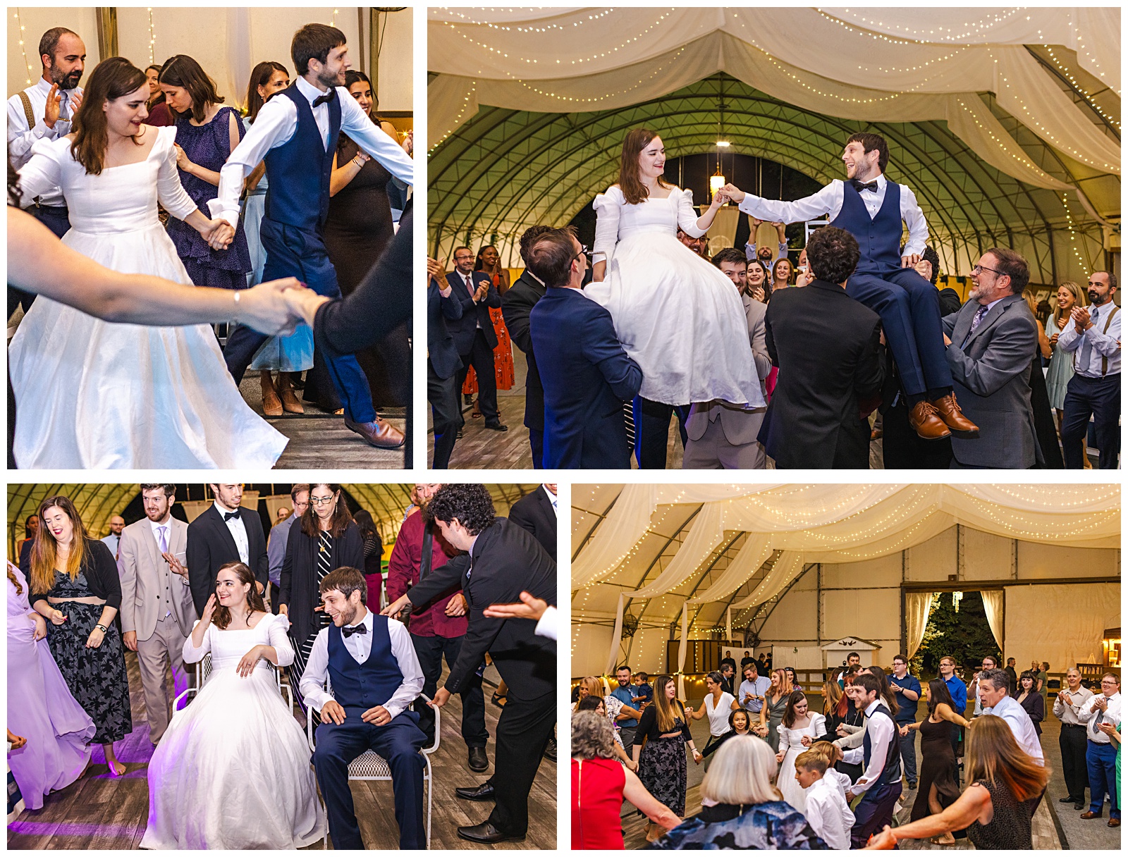 bride and groom celebrate with dancing the hora with their wedding guests