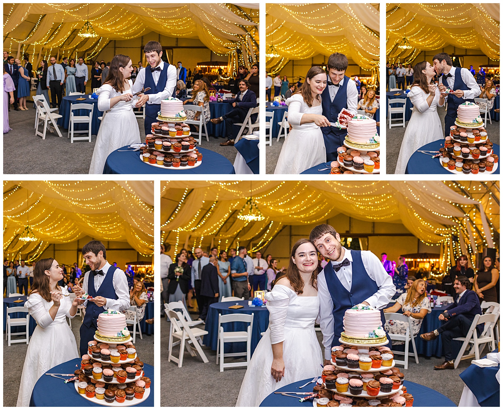 bride and groom cut the cake together at Romantic Autumn Wedding at Fairwinds