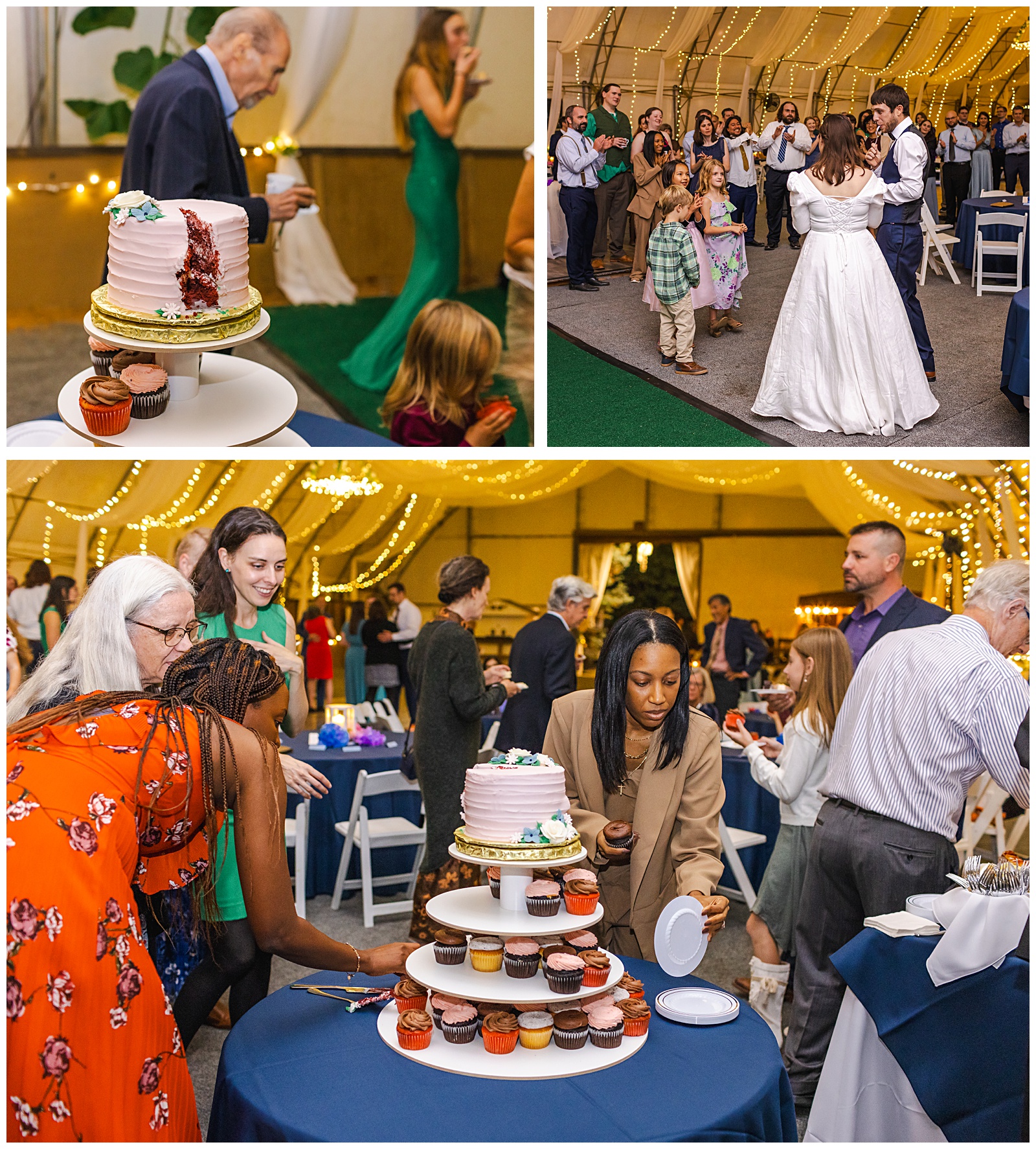 guests enjoying wedding cake at the reception