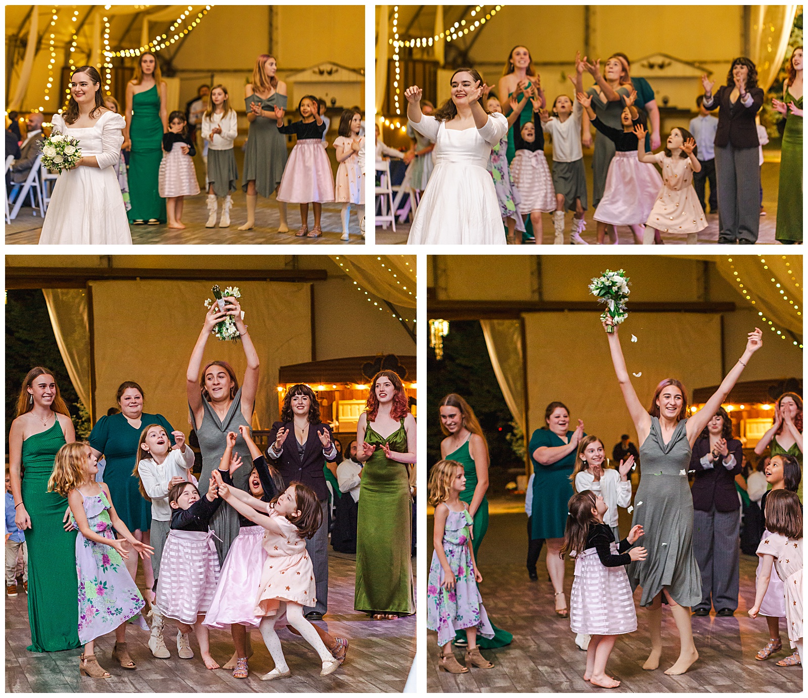 bouquet toss during the wedding reception and girl catches it