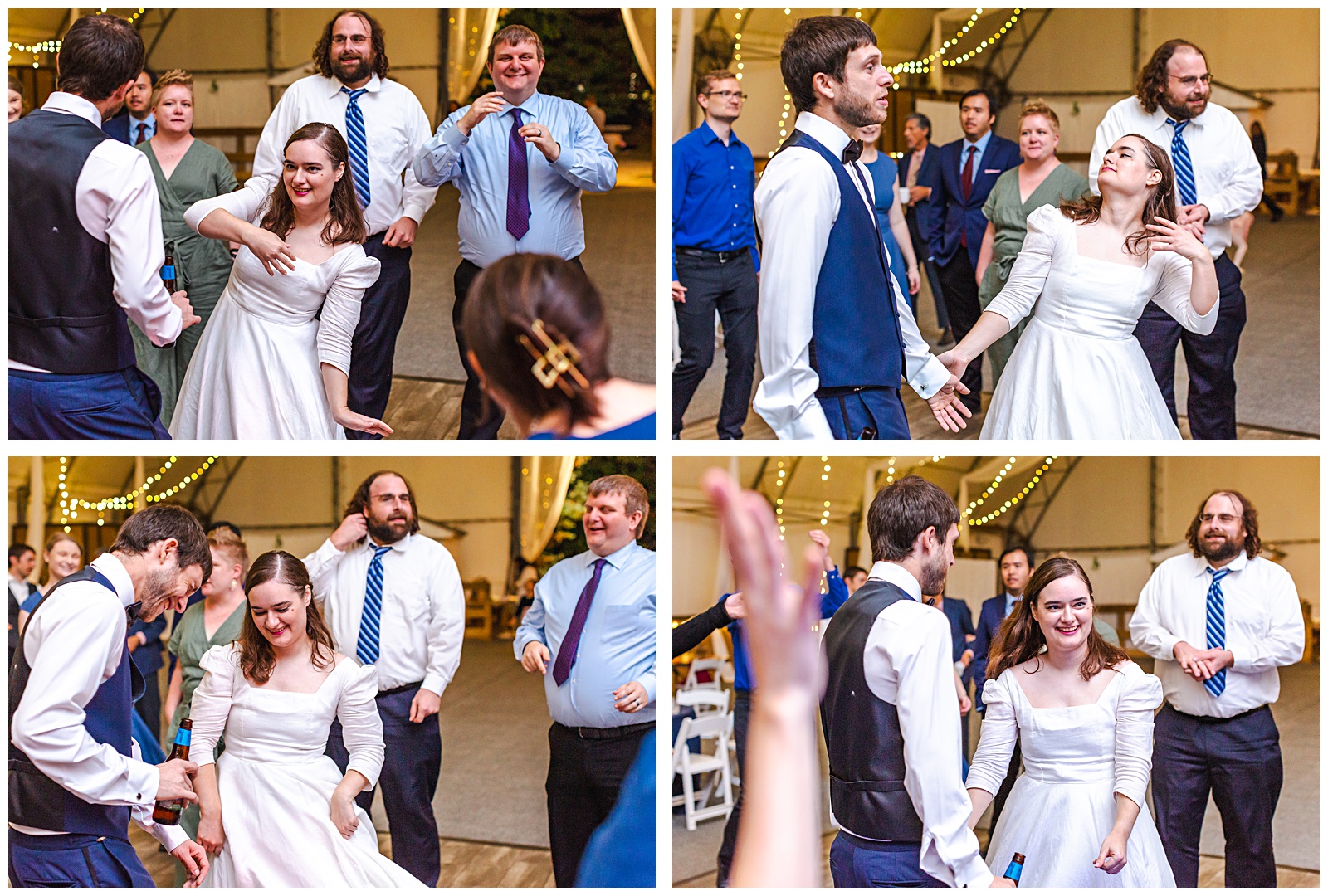 candids of bride and groom with their wedding guests dancing during the reception on the dance floor