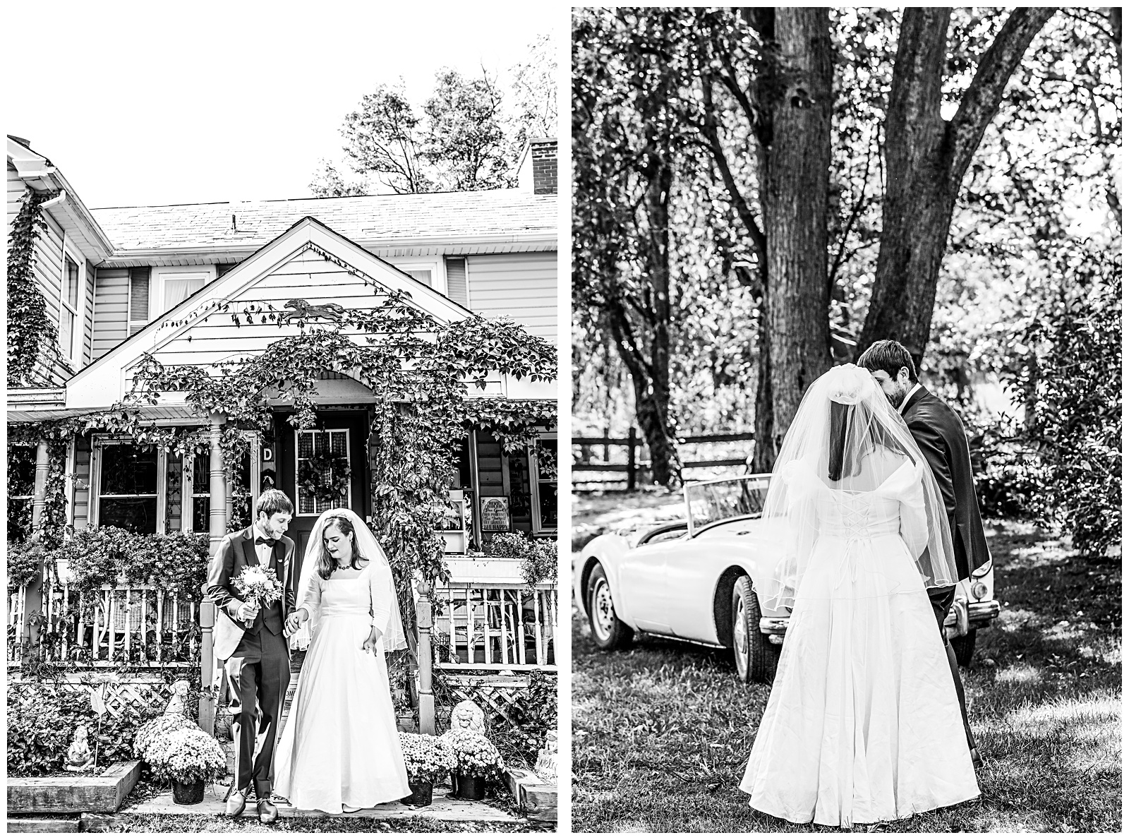 bride and groom walk towards antique car for portraits at Romantic Autumn Wedding at Fairwinds