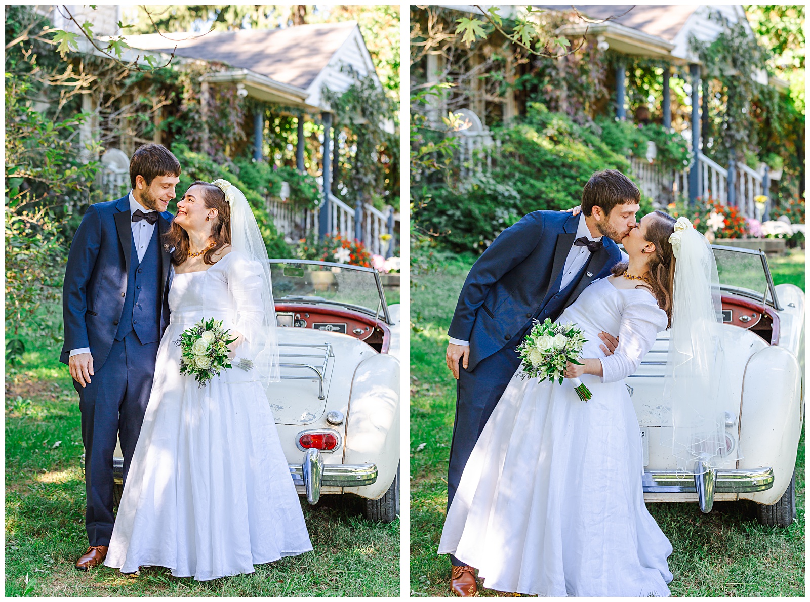 kiss and dip photo of bride and groom in front of vintage car during fall wedding near DC