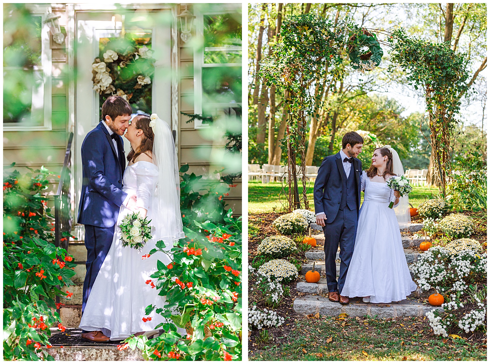 bride and groom portraits in fall by pumpkins