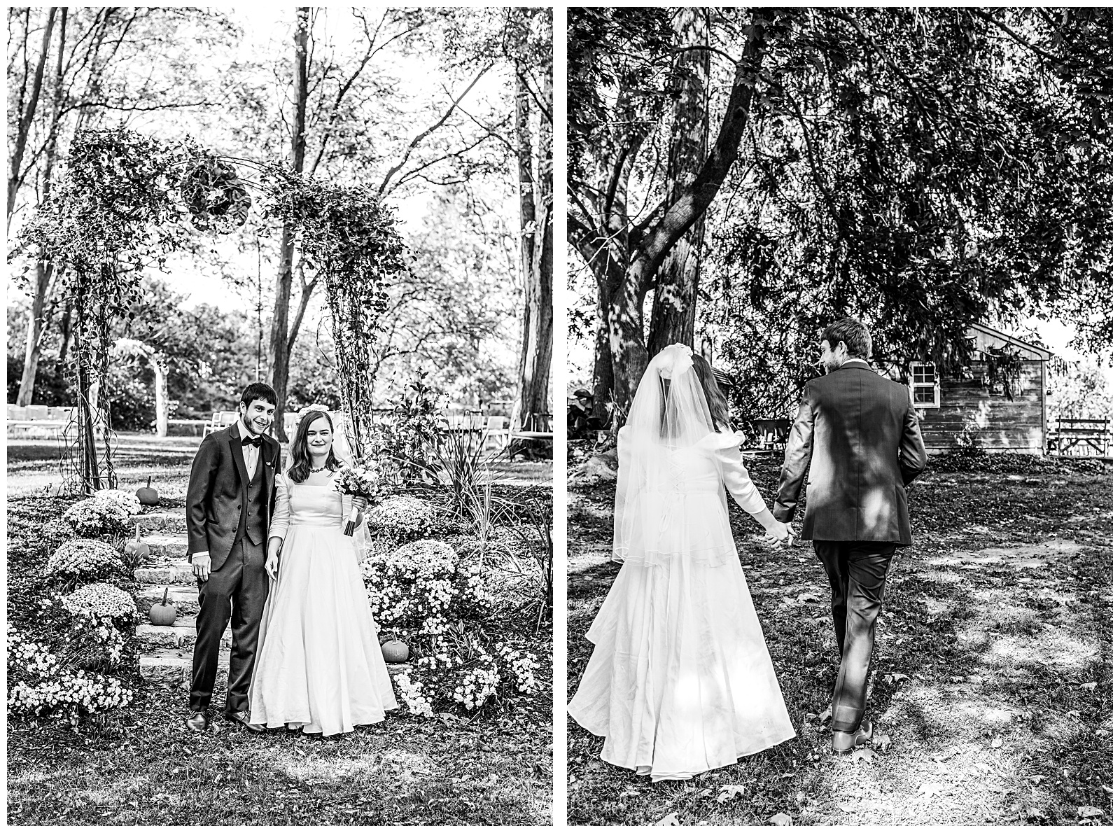 candid black and white portrait of bride and groom at Romantic Autumn Wedding at Fairwinds