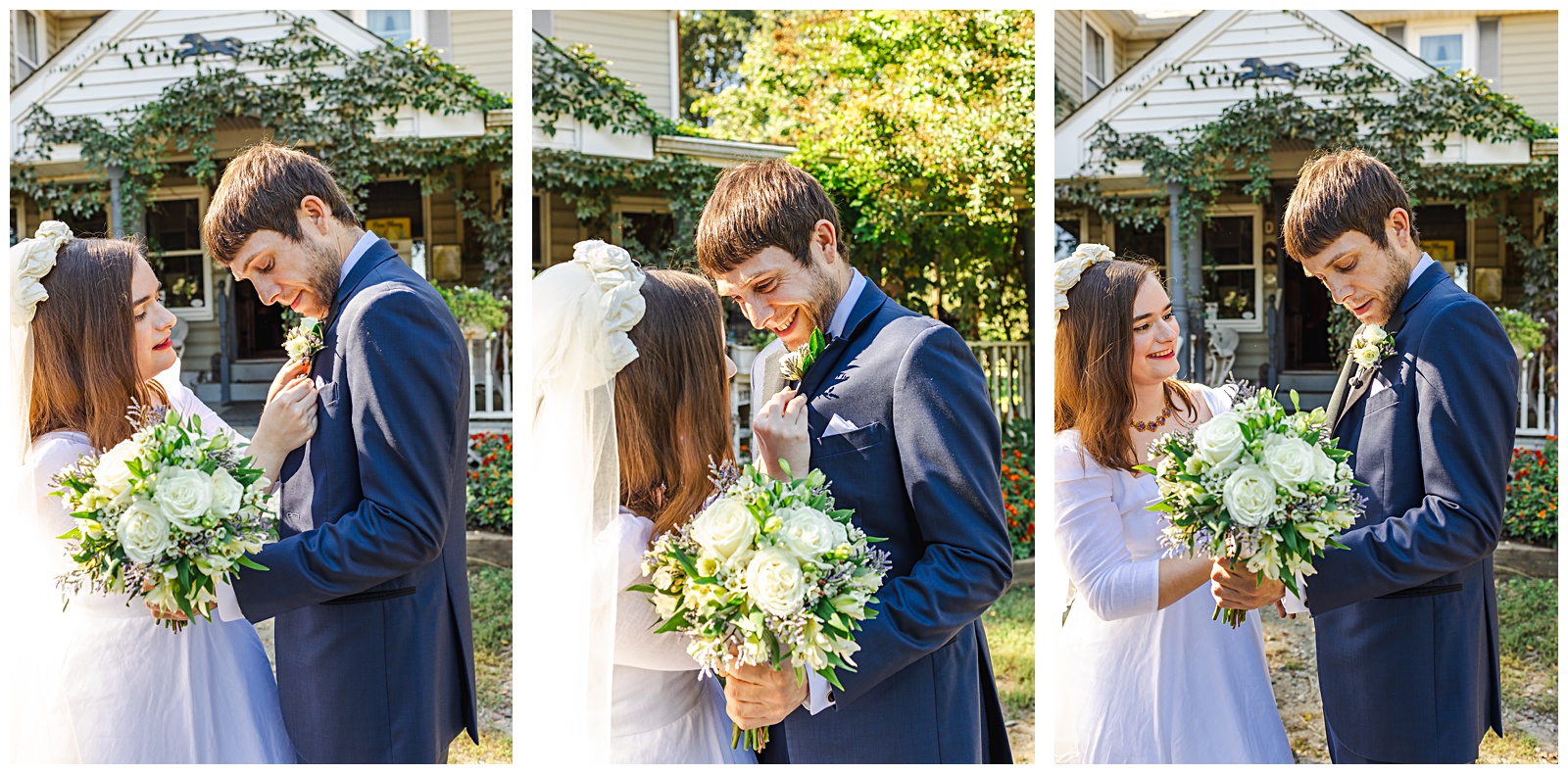 bride putting on grooms boutonniere on their wedding day in October