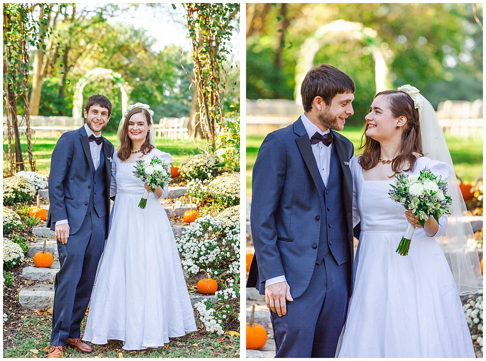 smiling portrait of wedding day couple in autumn with pumpkin decor