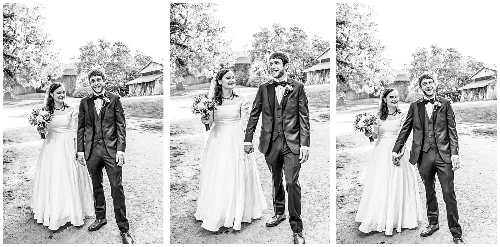 black and white portraits of wedding day couple during fall in October at Fairwinds Farm