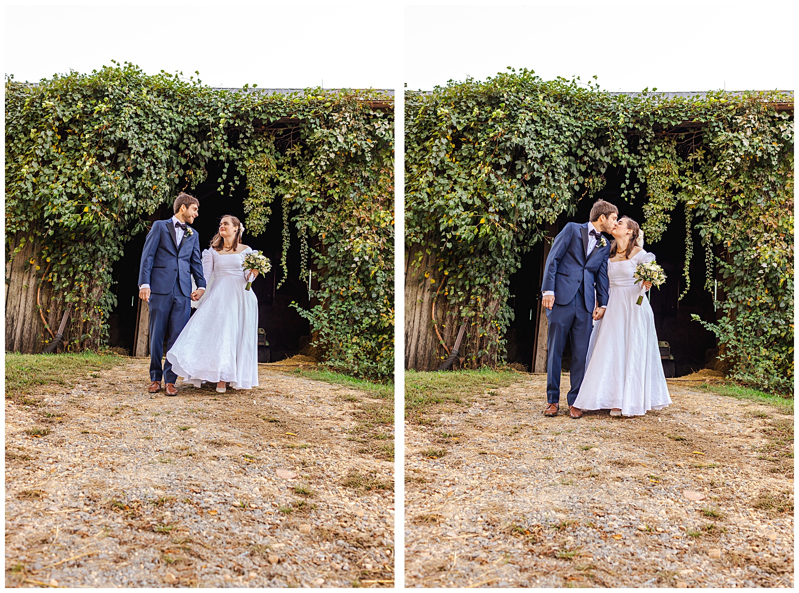 wedding day couple portraits of them walking and then kissing with barn backdrop in background at Romantic Autumn Wedding at Fairwinds