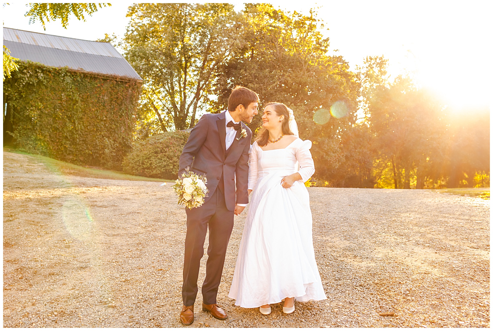 golden light bride and groom portrait on. wedding day at rustic venue near DC