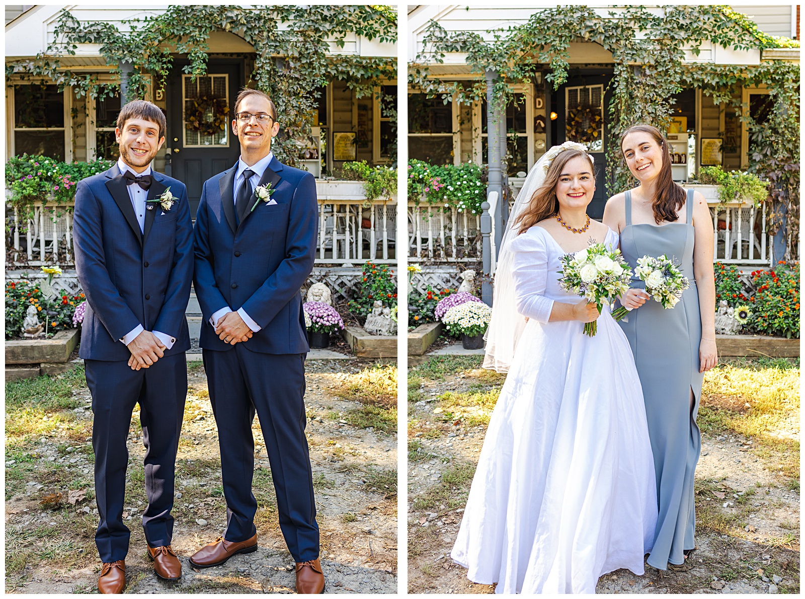 portraits of the bride and groom with their siblings brother and sister