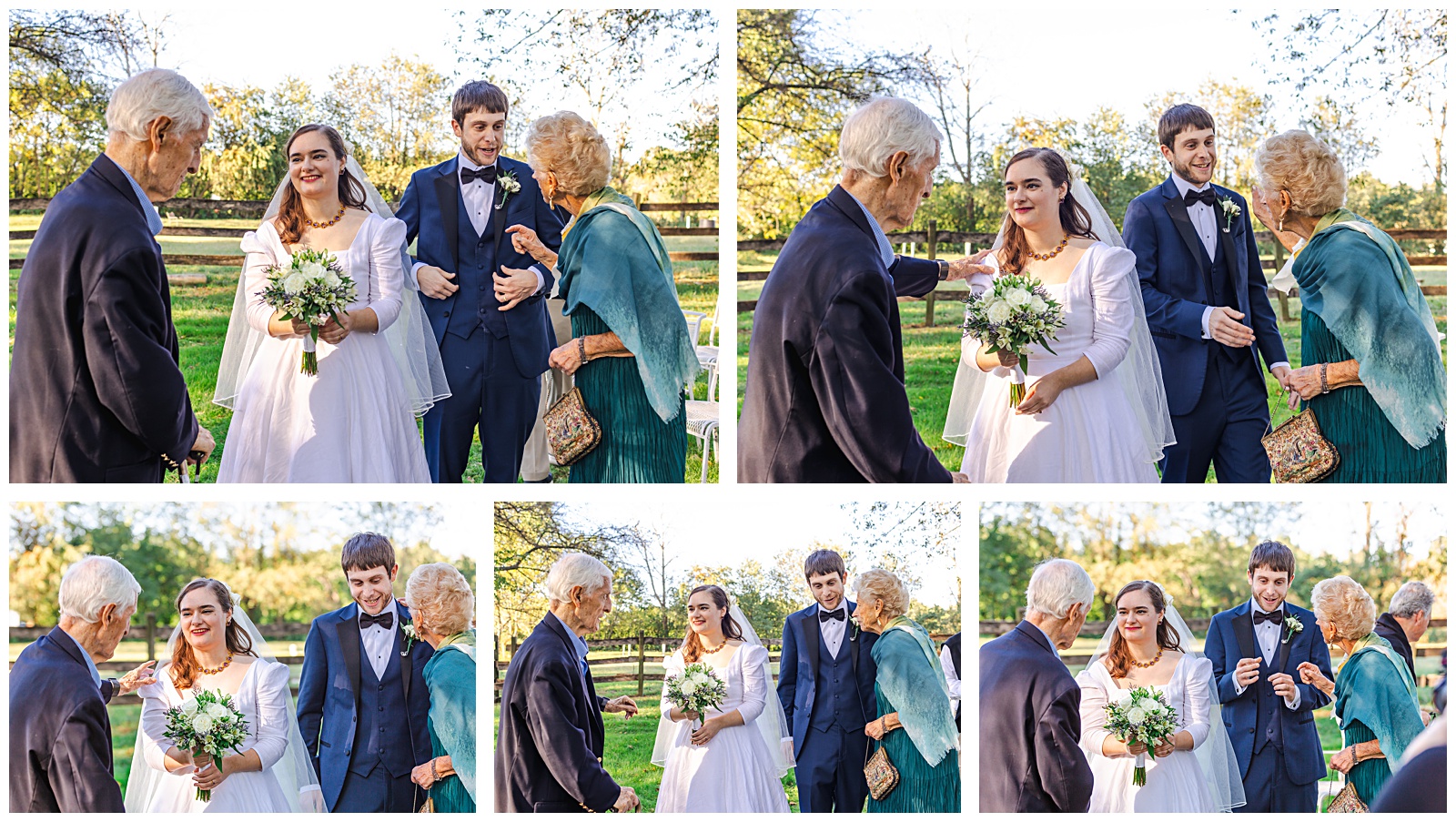 wedding day couple greeting their grandparents