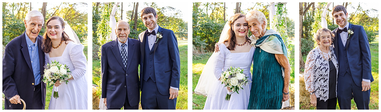 close portraits of bride and groom with grandparents