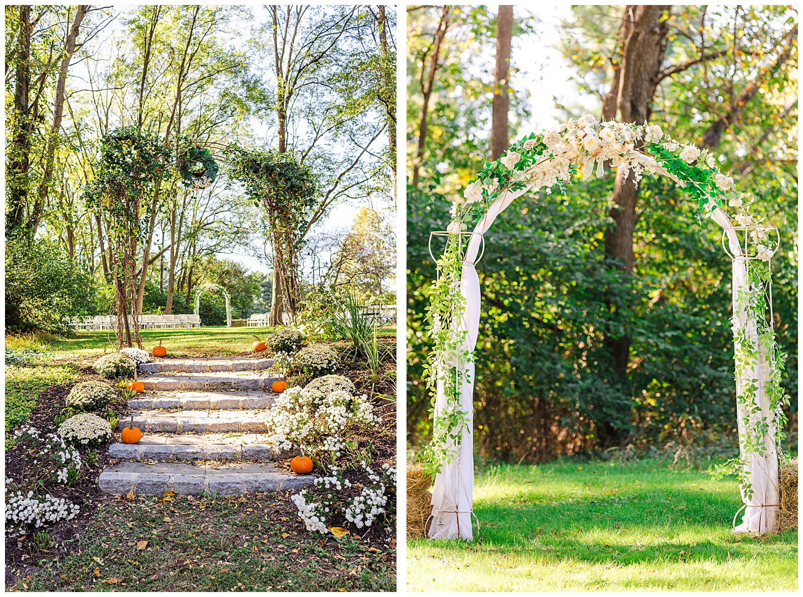 detail shots of the wedding archway and pumpkin lined walkway