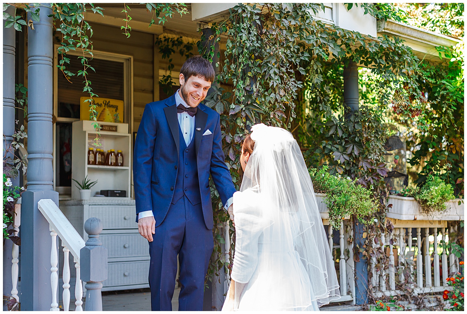 bride and groom see each other for first time on wedding day at Romantic Autumn Wedding at Fairwinds