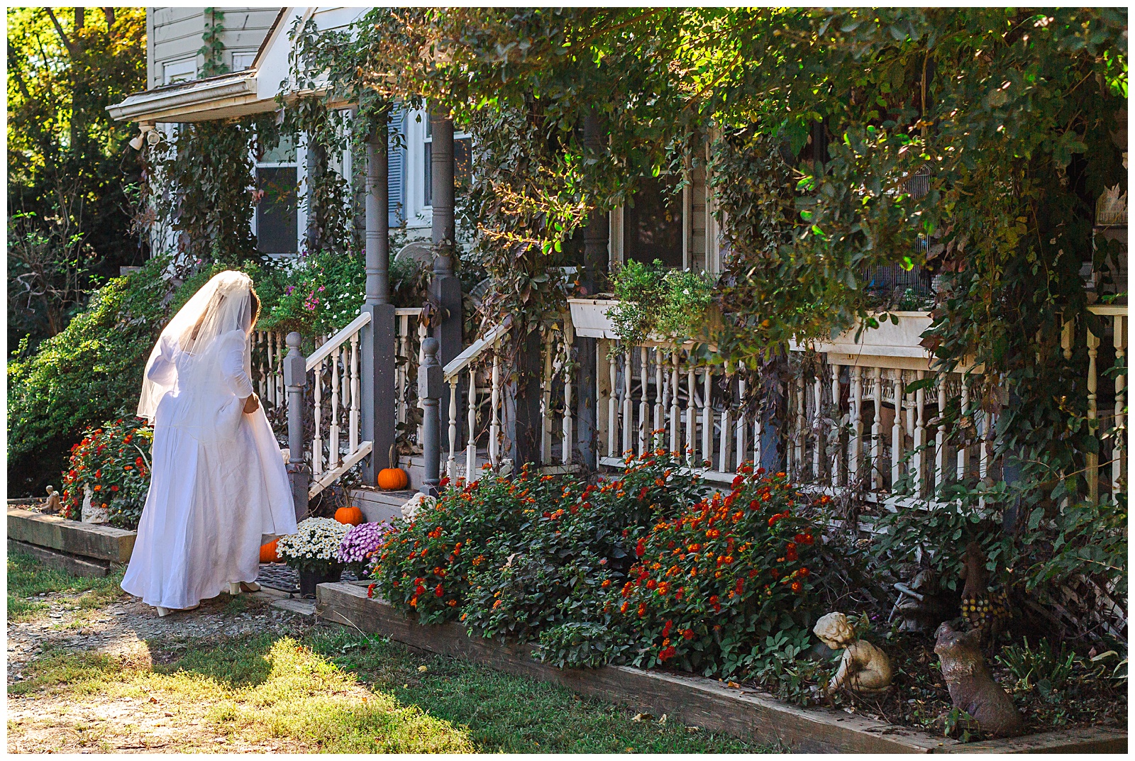 bride walking up stairs to enter inside of venue to hide before ceremony at Fairwinds Farm