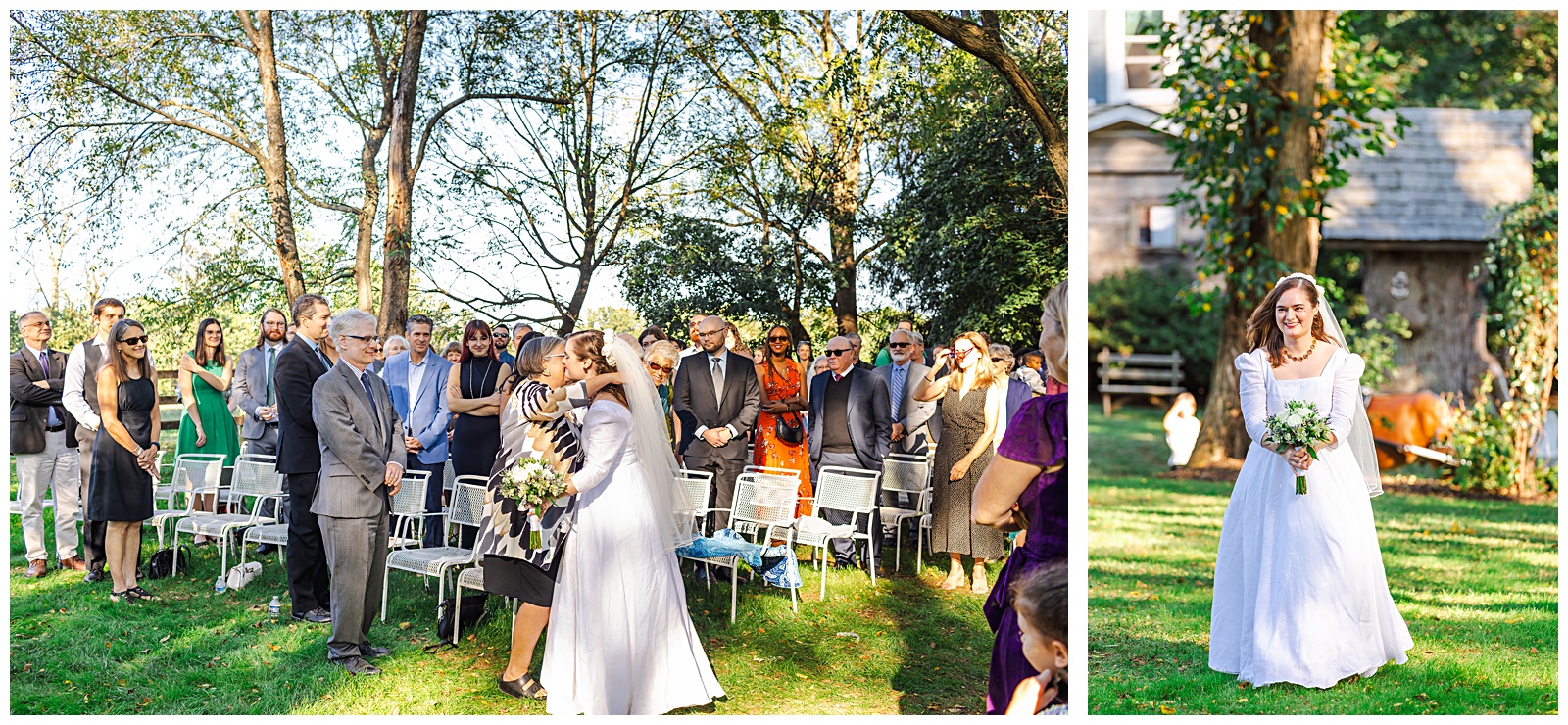 bride hugs mother and father as she walks down the aisle on her wedding day