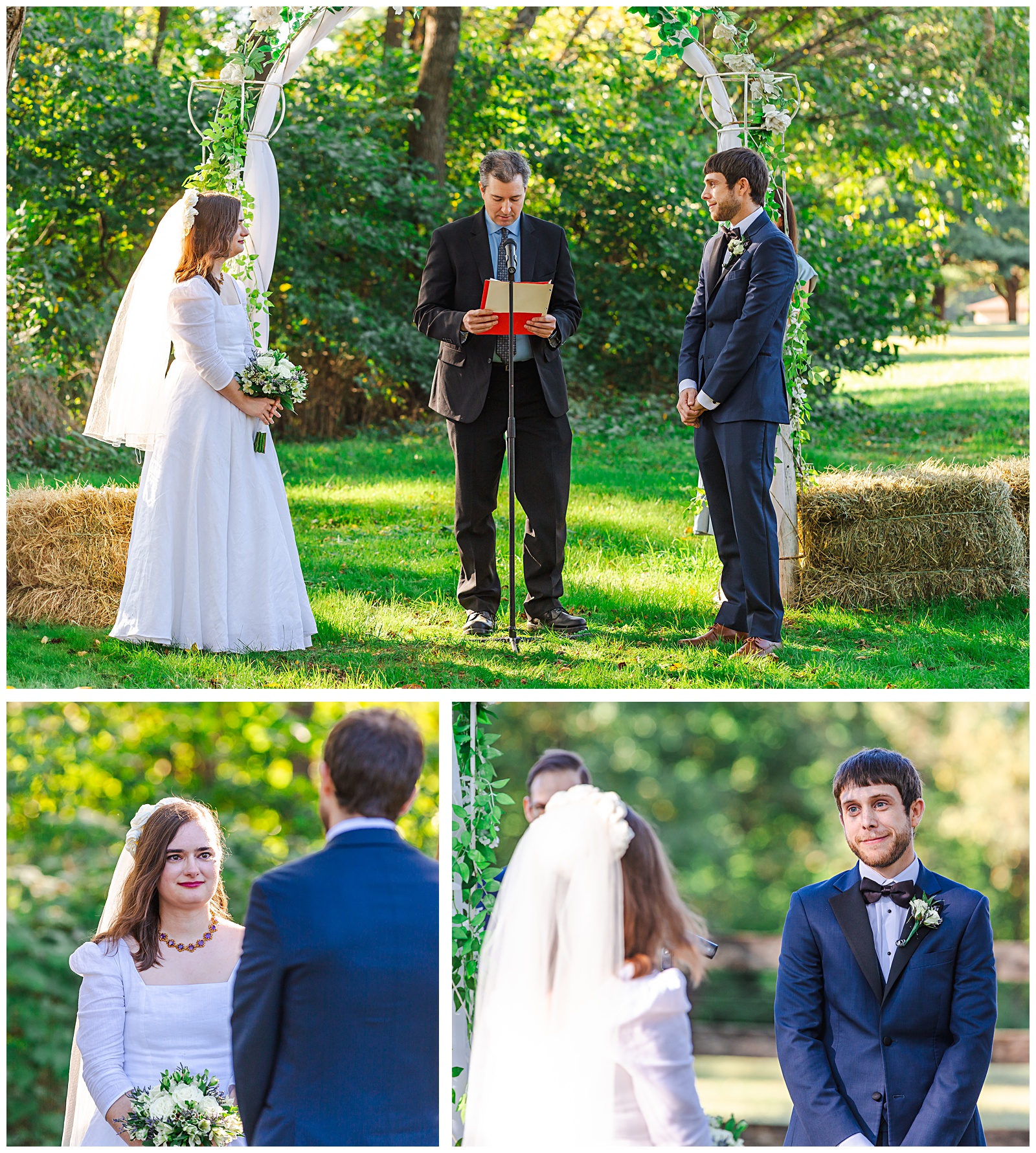 outdoor wedding ceremony with bride and groom facing each other under a flower arch at Romantic Autumn Wedding at Fairwinds