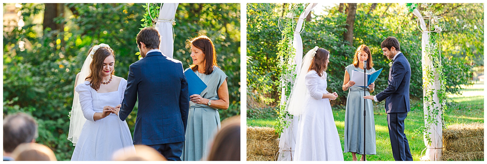 officiant and wedding couple standing under alter flower archway during ceremony