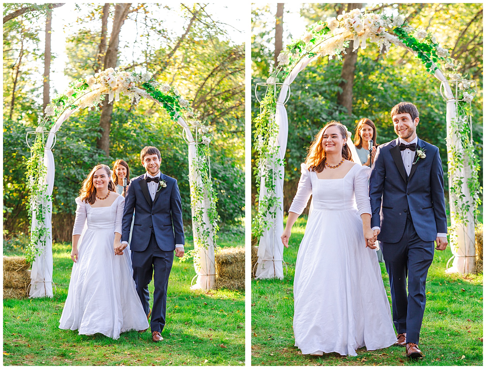 just married wedding couple walks down the aisle recessional at Fairwinds Farm