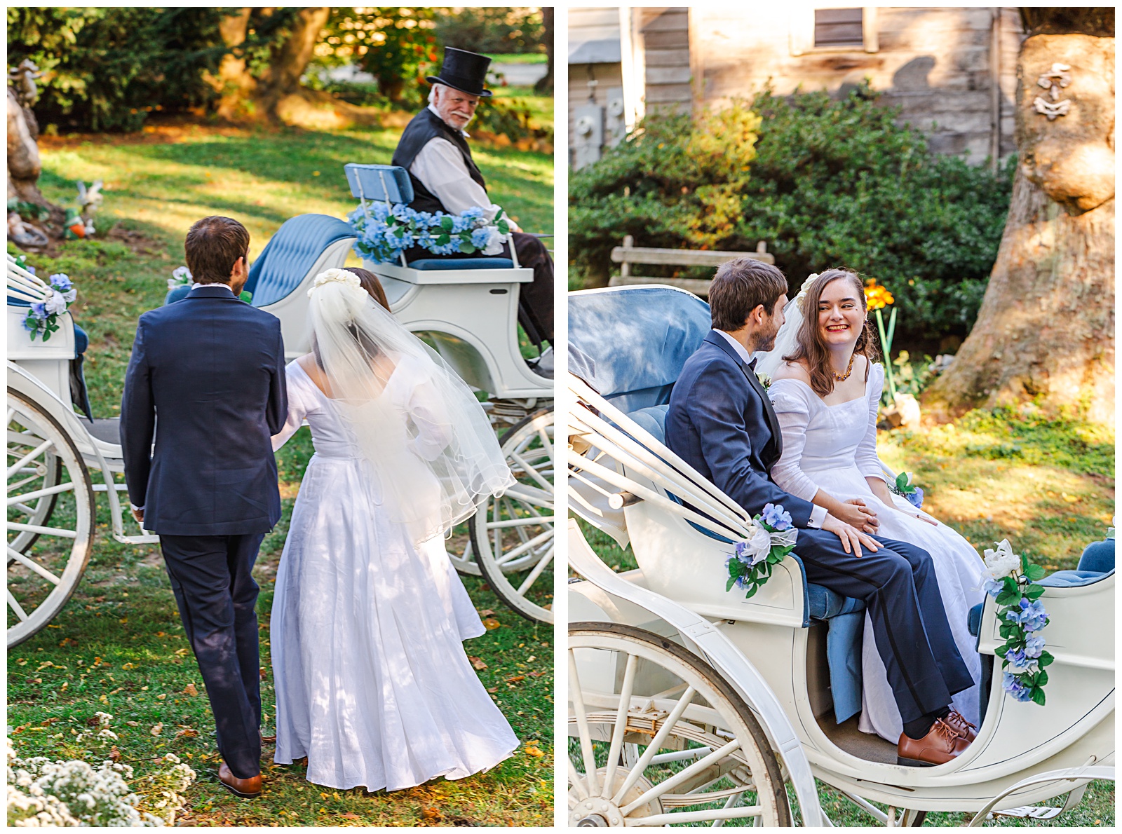 wedding couple getting into and sitting in the horse and carriage ride at this rustic venue