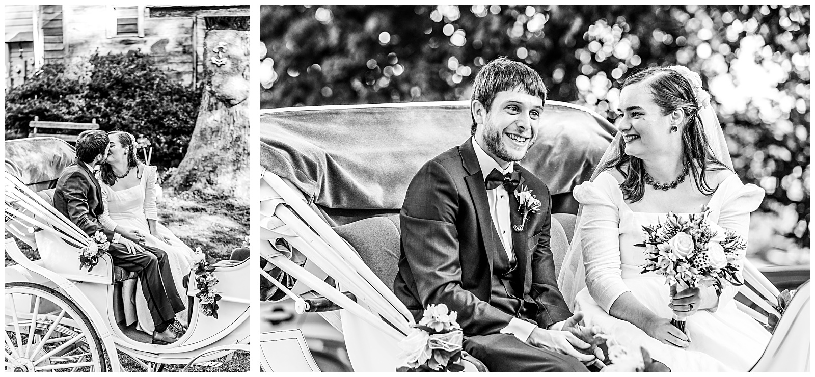 wedding couple smiling after just married as they ride in the horse and carriage