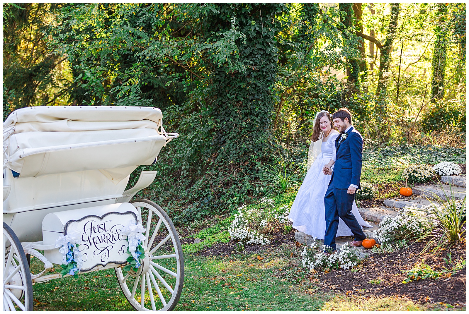 bride and groom walking towards the horse and carriage after their wedding vows at Romantic Autumn Wedding at Fairwinds