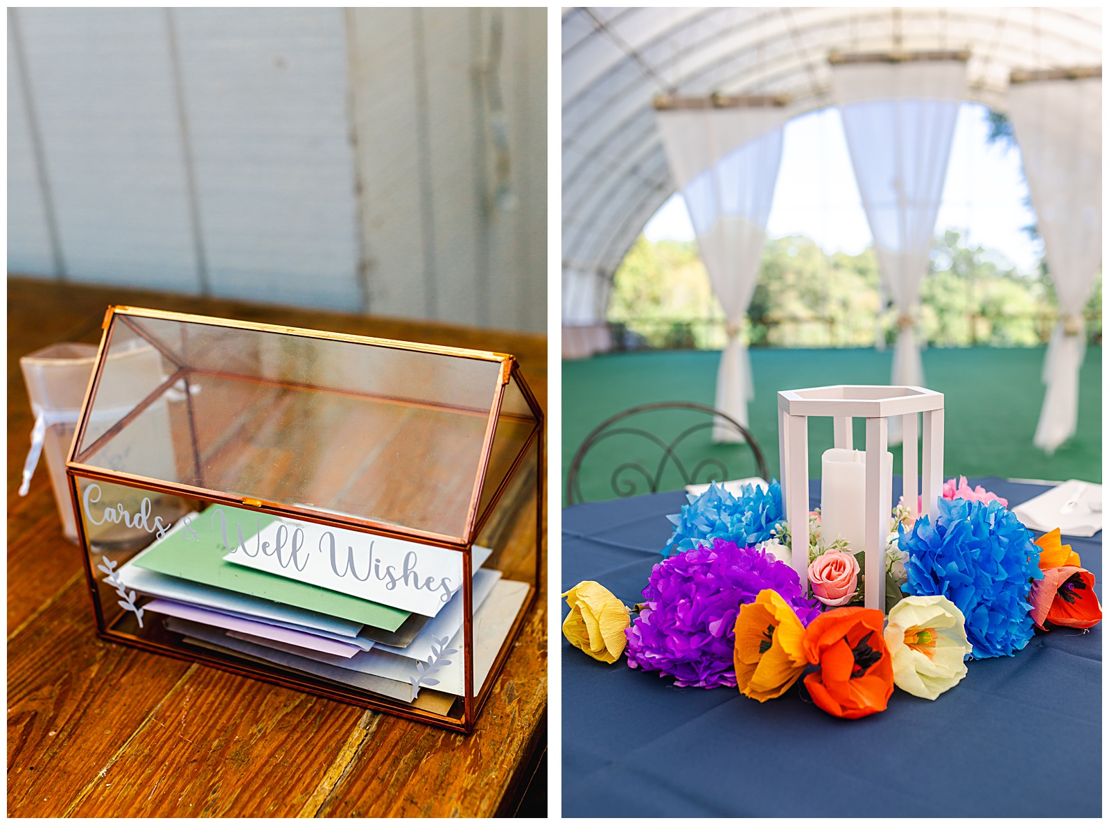 detail shots of guest card container and table decorations at Romantic Autumn Wedding at Fairwinds