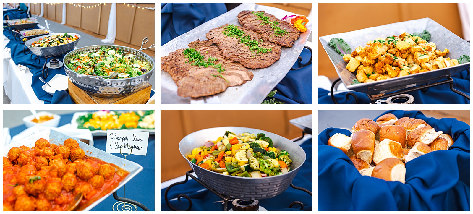 catered dinner of flank steak and vegetables for guest meals at this wedding reception