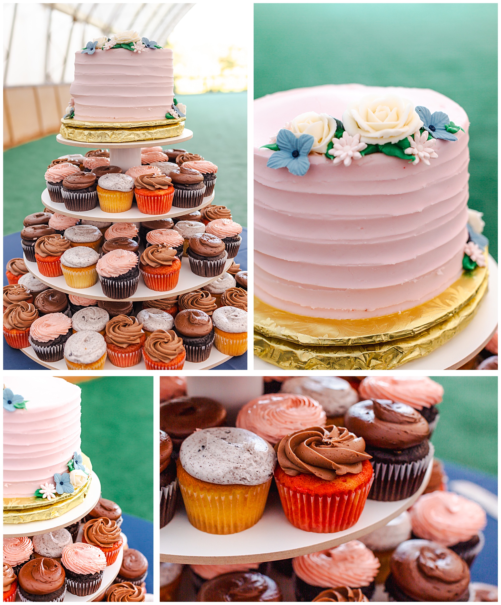 pink wedding cake and cupcake stand at rustic wedding reception venue at Romantic Autumn Wedding at Fairwinds