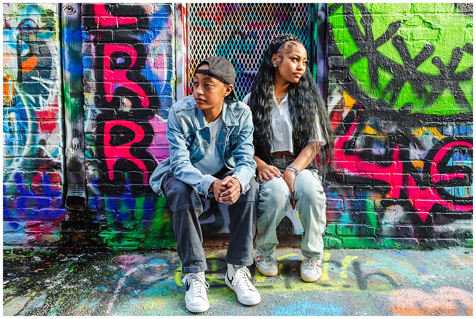 Colorful urban portrait session with two sisters in Baltimore