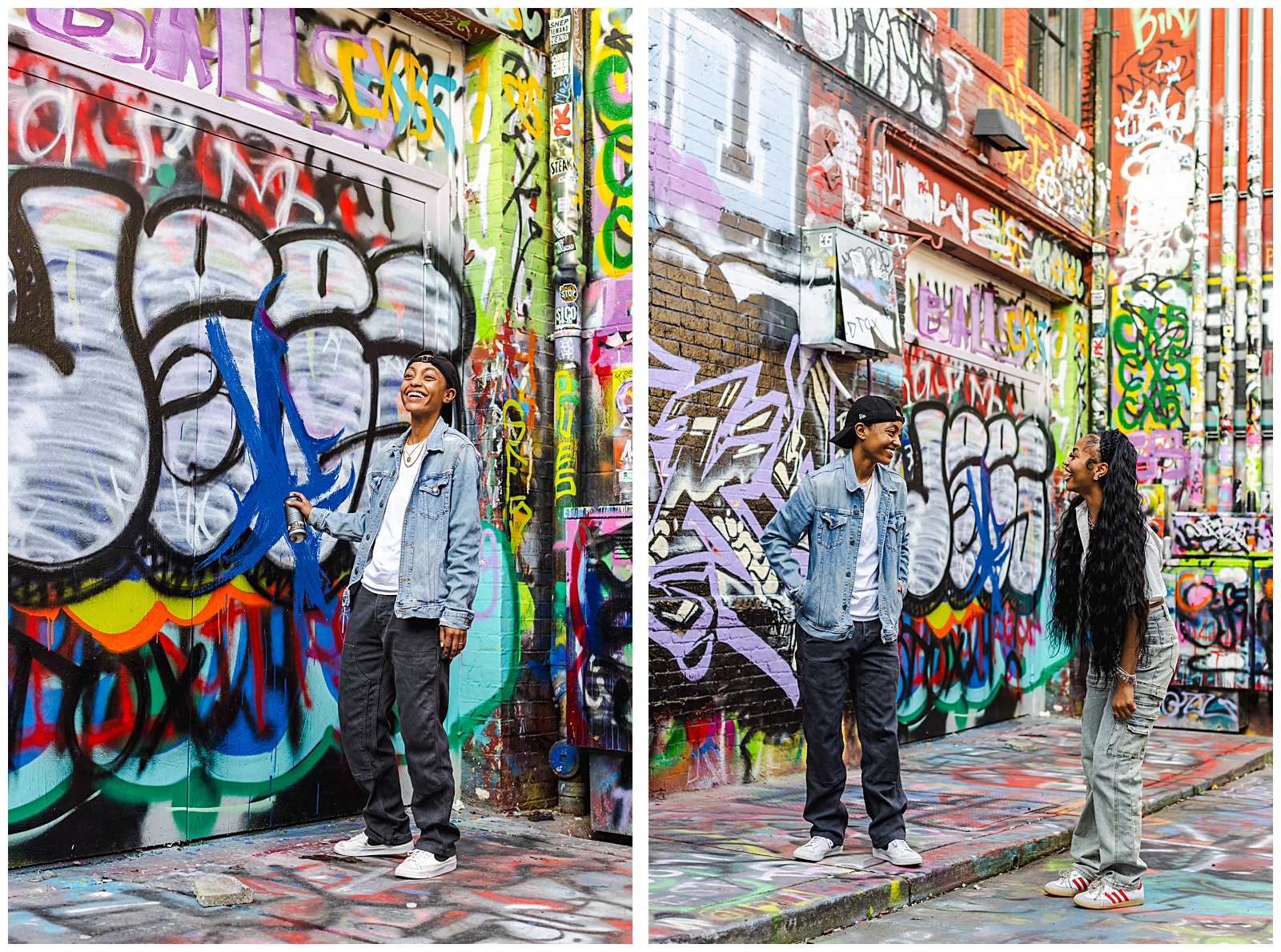 Candid sister portrait in front of graffiti wall in Maryland