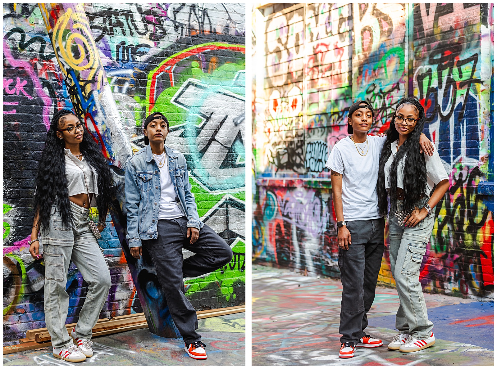 Authentic sister portrait during sunrise in Graffiti Alley