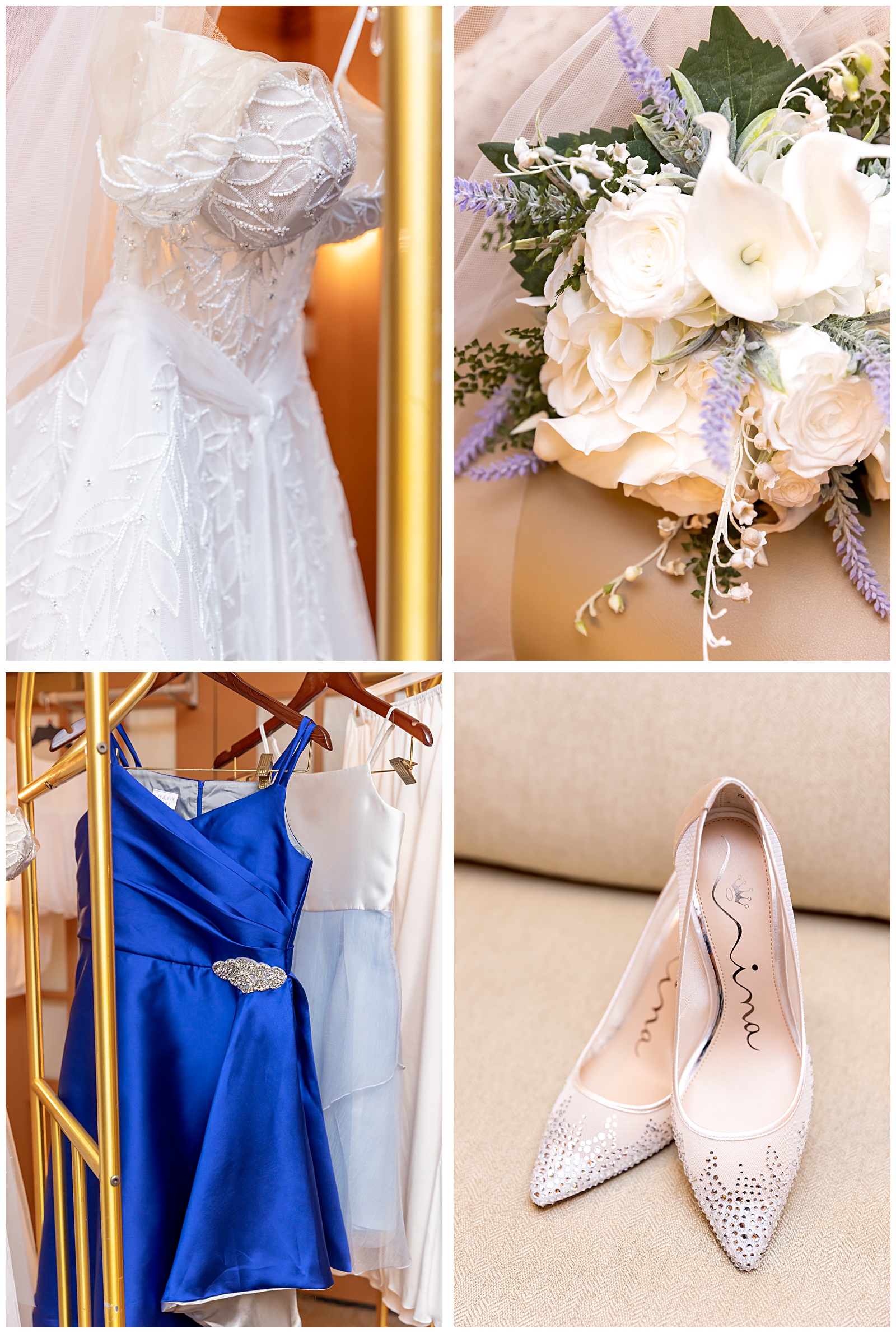 Wedding dress with lace details hanging at Omni Shoreham in Washington DC