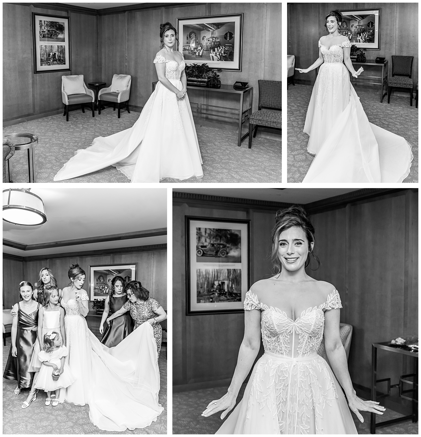 Black and white portraits of bride getting ready at Omni Shoreham hotel