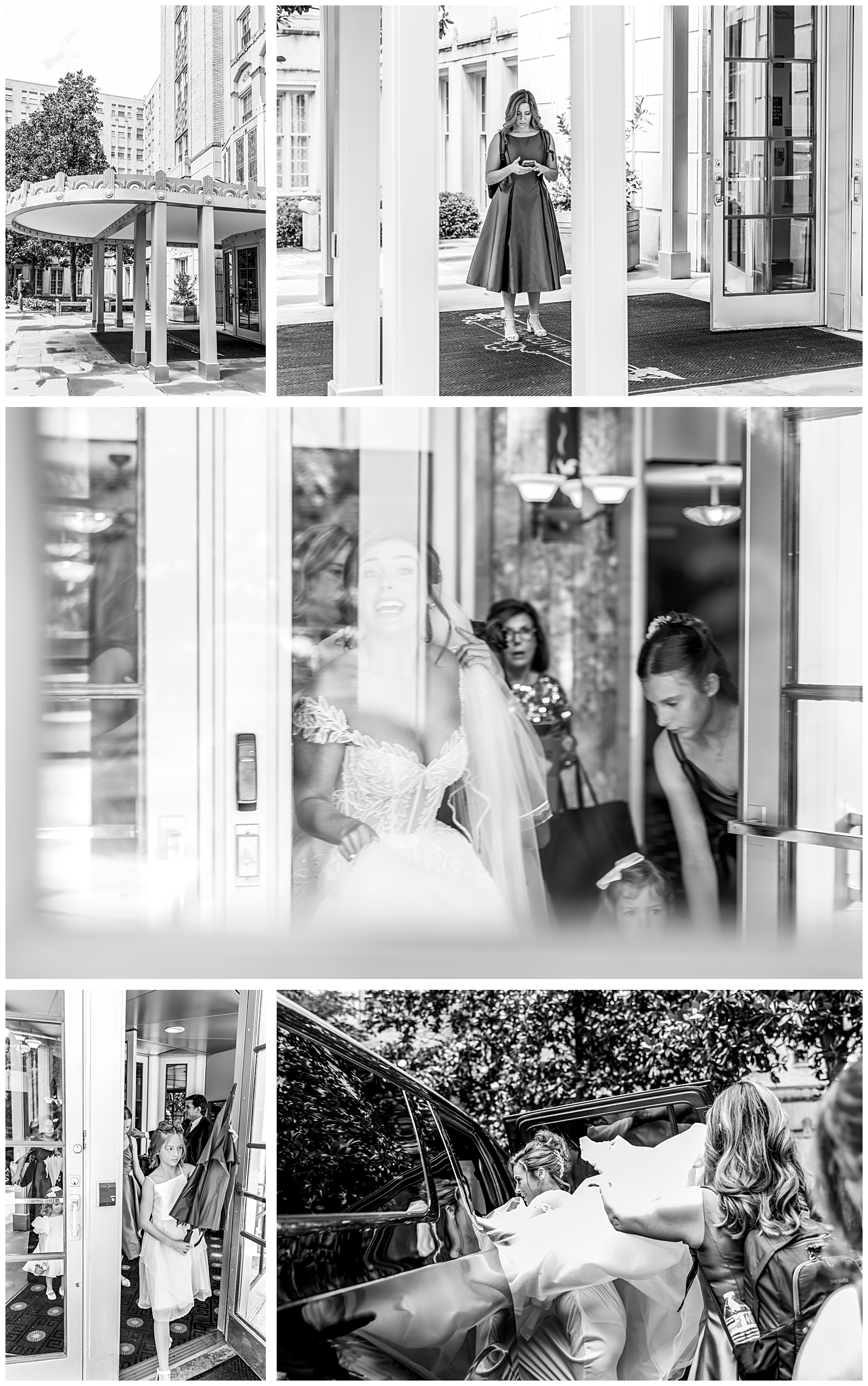 Bride, bridesmaids, and mother leaving Omni Shoreham hotel for wedding ceremony in DC